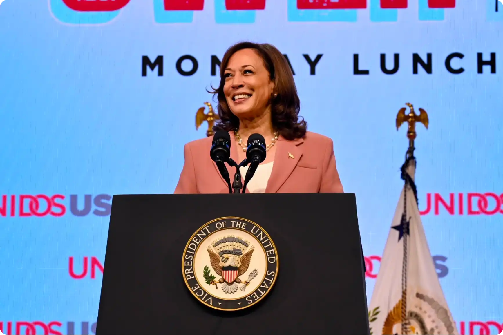 Vice President Kamala Harris at podium with Vice Presidental Seal speaking at the 2023 UnidosUS Annual Conference in Chicago, IL.